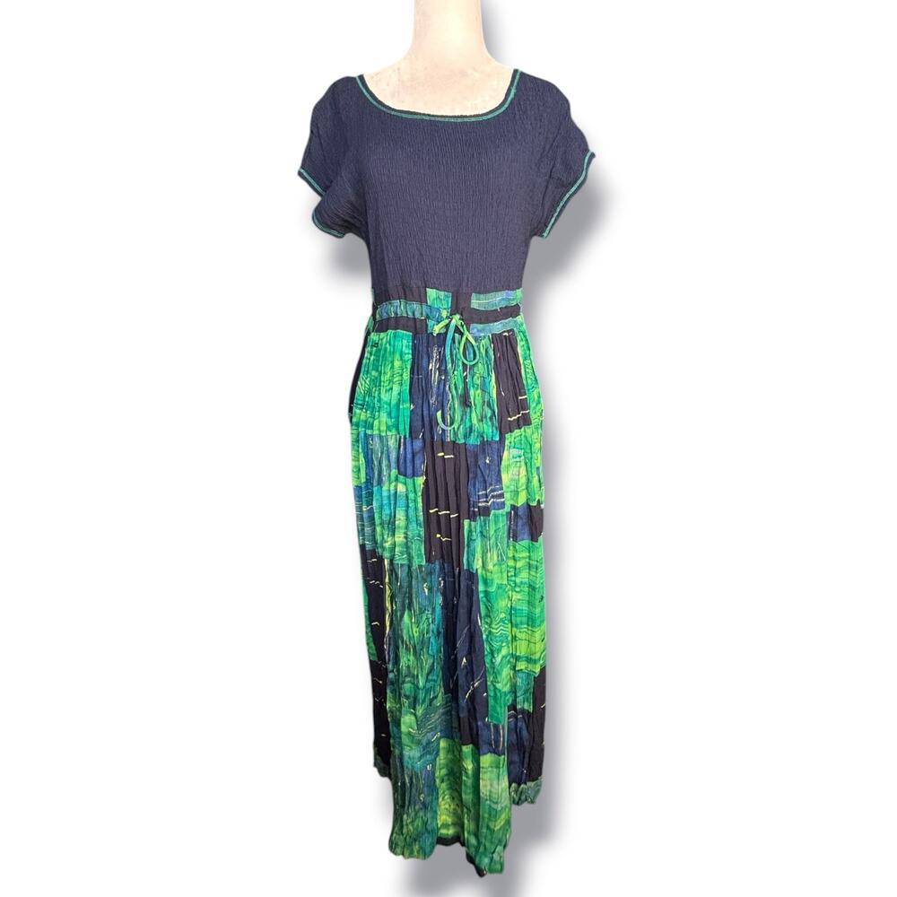 Vintage Carole Little Petite Dresses Navy Green Patchwork Midi Dress‎ 4 Boho New